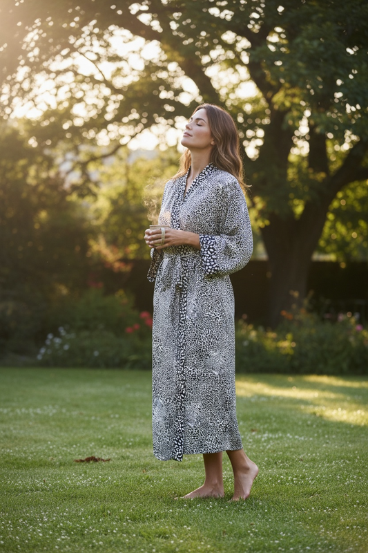 Recycle Silk Sari Women Kimono | Boho Chic Beach Cover Up Vintage Lounge Dressing Robe l Resort Wear Regal Gypsy House Robe | Black Animal