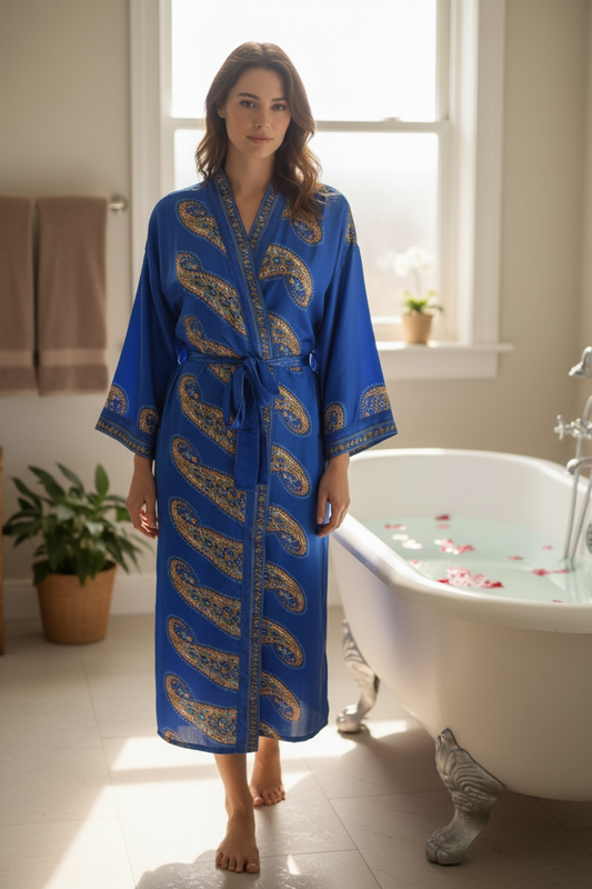 Recycle Silk Sari Women Kimono | Boho Chic Beach Cover Up Vintage Lounge Dressing Robe l Resort Wear Regal Gypsy House Robe | Blue Paisley
