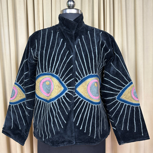 Boho Hand Embroidered Velvet Suzani Jacket | Black Geometric Open Front Coat Winter Wear Free Size Retro Chic Free Size Robe Blazer for Her