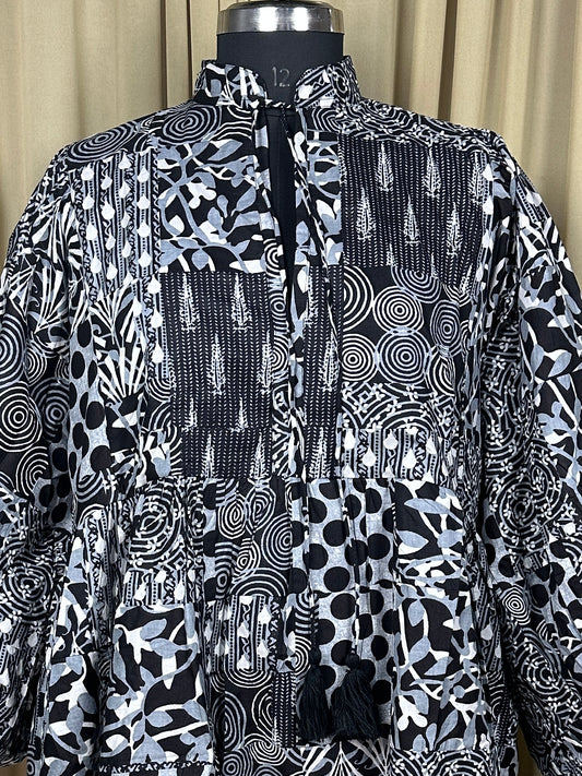 Black Patchwork Cotton Dress: Hand-Stitched Block Print, Fits XXL