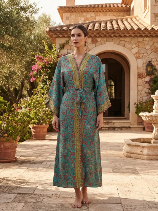 Upcycle Boho Silk Long Women kimono, Boho Chic Robe House Beach Cover Up Vintage Bridesmaid Lounge Dressing Gown Resort Wear Gypsy Nightwear