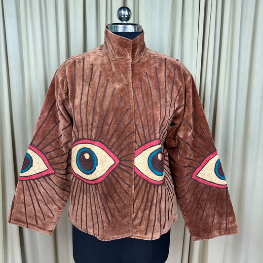Boho Hand Embroidered Velvet Suzani Jacket | Brown Geometric Open Front Coat Winter Wear Free Size Retro Chic Free Size Robe Blazer for Her