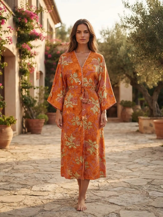 Upcycle Boho Silk Long Women kimono, Boho Chic Robe House Beach Cover Up Vintage Bridesmaid Lounge Dressing Gown Resort Wear Gypsy Nightwear