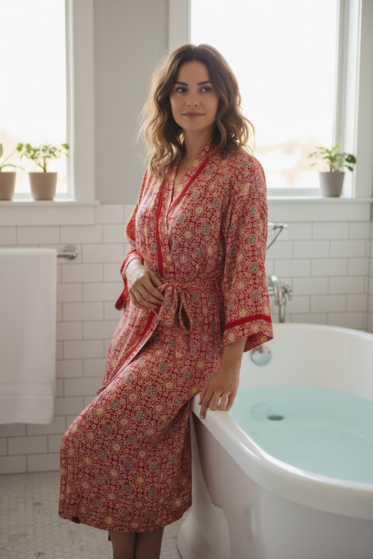 Recycle Silk Sari Women Kimono | Boho Chic Beach Cover Up Vintage Lounge Dressing Robe l Resort Wear Regal Gypsy House Robe | Red Floral