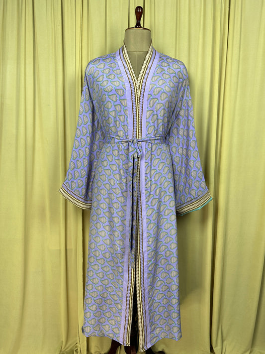 Recycle Silk Sari Women Kimono | Boho Chic Beach Cover Up Vintage Lounge Dressing Robe | Resort Wear Regal Gypsy House Robe, Purple Paisley