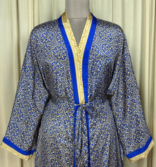 Recycle Silk Sari Women Kimono | Boho Chic Beach Cover Up Vintage Lounge Dressing Robe l Resort Wear Regal Gypsy House Robe, Blue Geometric