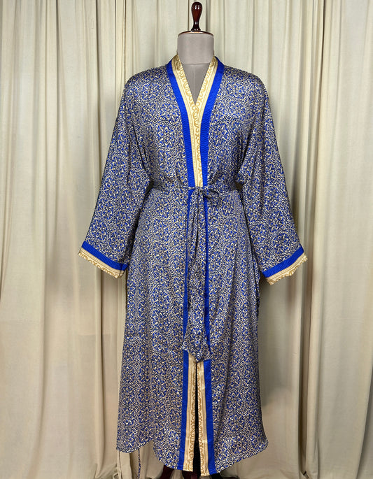 Recycle Silk Sari Women Kimono | Boho Chic Beach Cover Up Vintage Lounge Dressing Robe l Resort Wear Regal Gypsy House Robe, Blue Geometric