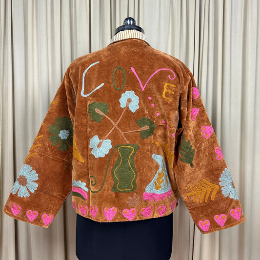 Boho Hand Embroidered Velvet Suzani Jacket, Brown Floral Open Front Coat Winter Wear Free Size Robe Retro Chic Free Size Robe Blazer for Her