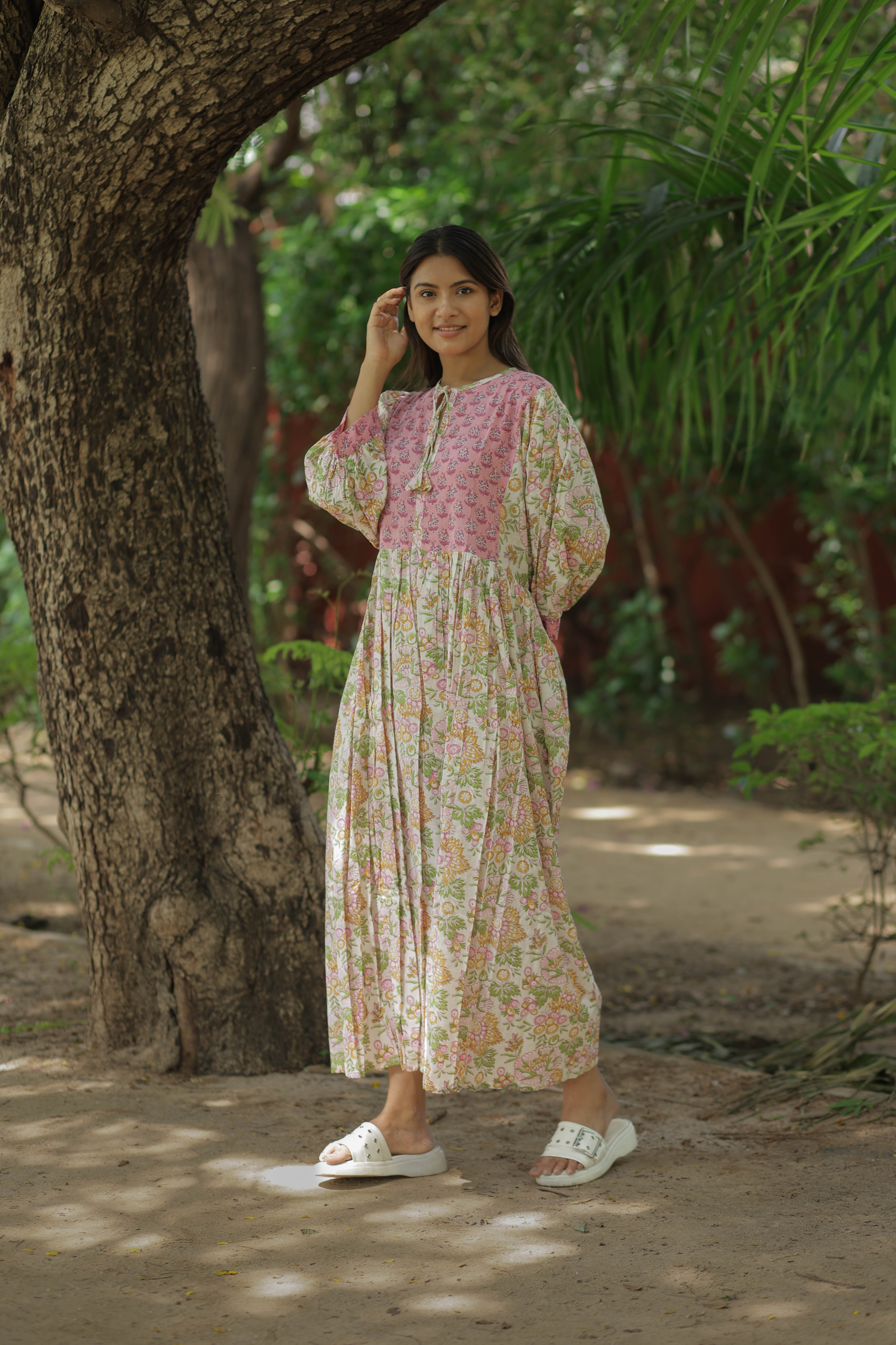 Women Cotton Midi Dress, Hand Block Printed Floral Dress, Boho Chic Flowy Gown, Long Sleeves With Pockets, Flowy Sustainable Gift For Her