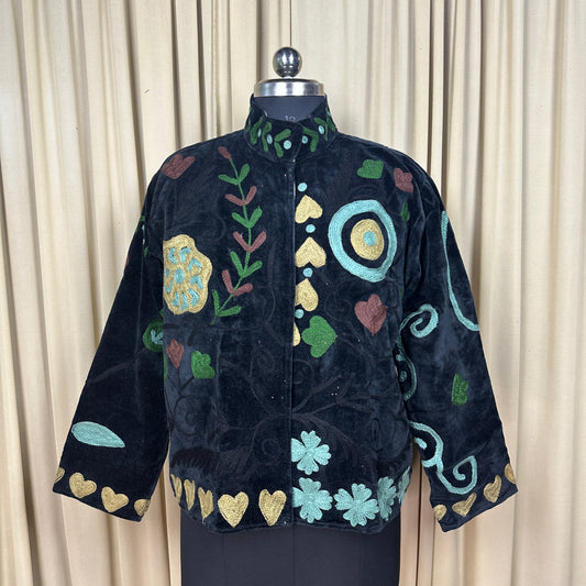 Boho Hand Embroidered Velvet Suzani Jacket, Black Floral Open Front Coat Winter Wear Free Size Robe Retro Chic Free Size Robe Blazer for Her