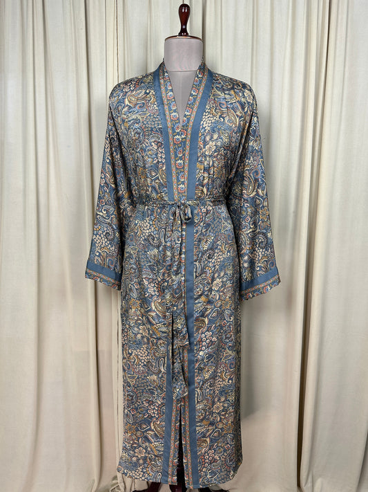 Recycle Silk Sari Women Kimono | Boho Chic Beach Cover Up Vintage Lounge Dressing Robe l Resort Wear Regal Gypsy House Robe, Gray Floral
