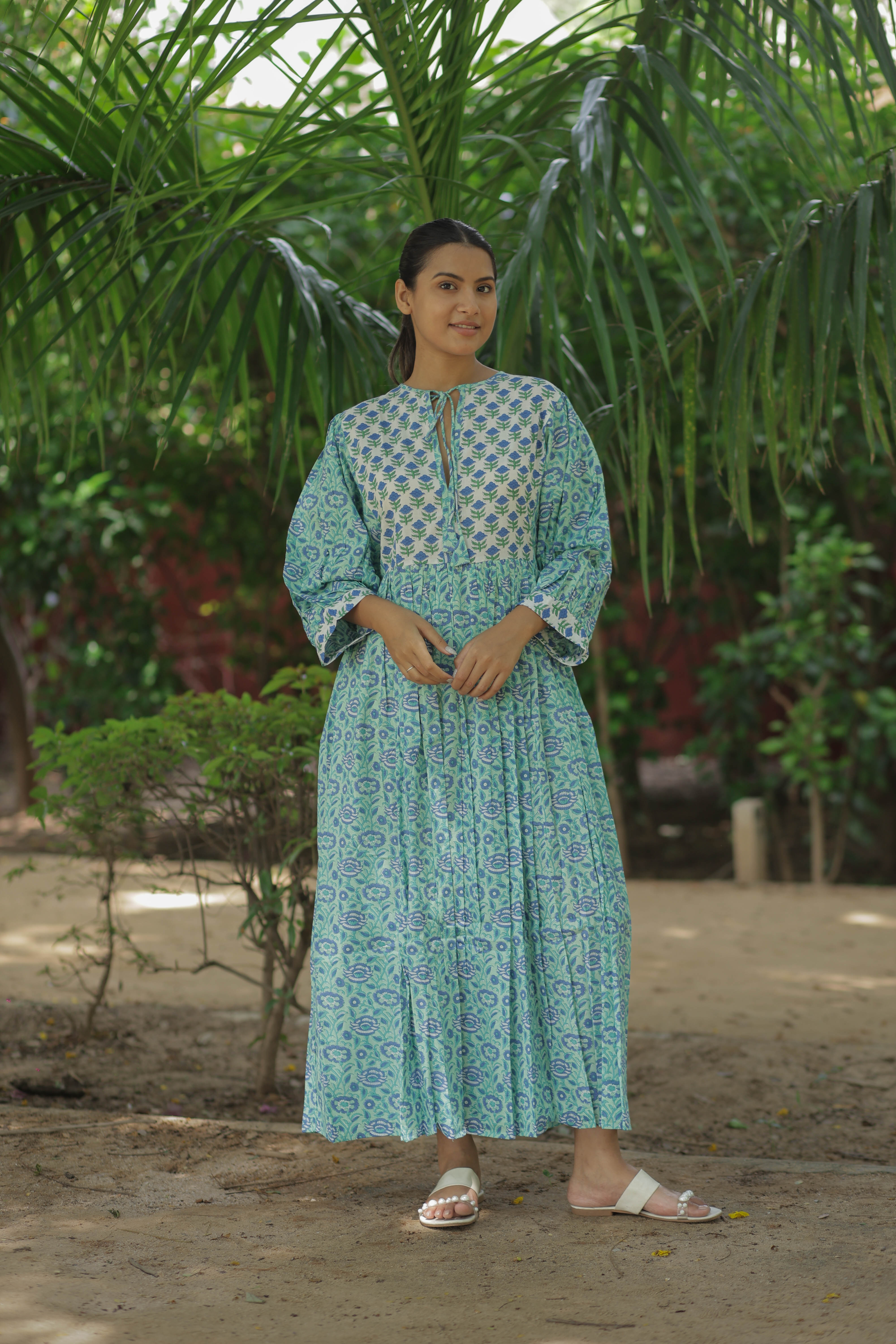 Women Cotton Midi Dress, Hand Block Printed Floral Dress, Boho Chic Flowy Gown, Long Sleeves With Pockets, Flowy Sustainable Gift For Her