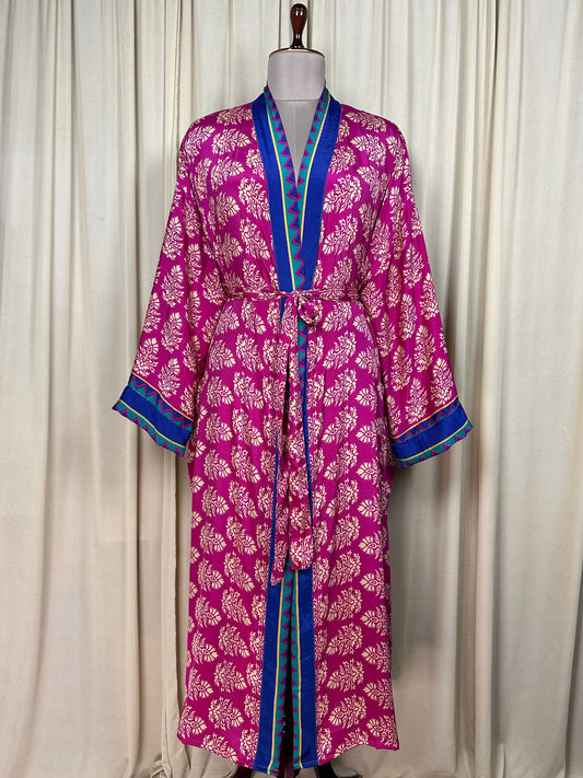 Recycle Silk Sari Women Kimono | Boho Chic Beach Cover Up Vintage Lounge Dressing Robe l Resort Wear Regal Gypsy House Robe, Pink Floral