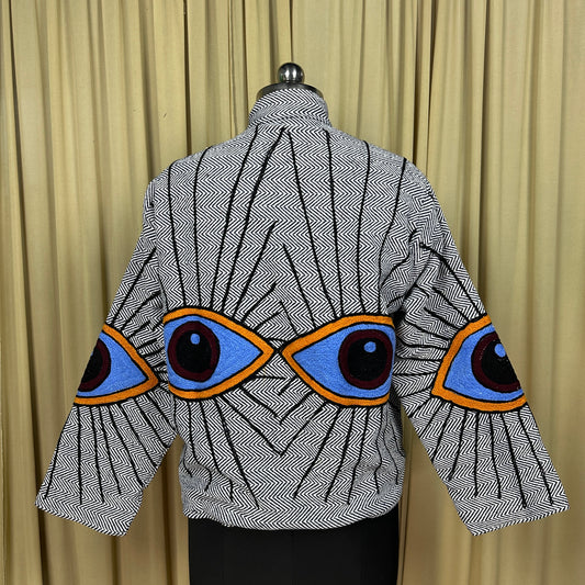 Boho Hand Embroidered Cotton Suzani Jacket | White Geometric Open Front Coat Winter Wear Free Size Retro Chic Free Size Robe Blazer for Her