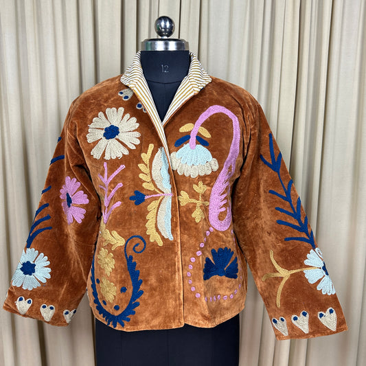 Boho Hand Embroidered Velvet Suzani Jacket, Brown Floral Open Front Coat Winter Wear Free Size Robe Retro Chic Free Size Robe Blazer for Her