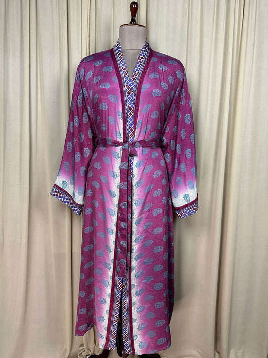 Recycle Silk Sari Women Kimono | Boho Chic Beach Cover Up Vintage Lounge Dressing Robe l Resort Wear Regal Gypsy House Robe, Pink Floral