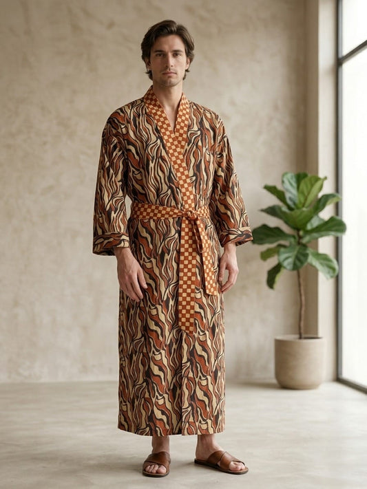 Mens Kimono Robe Cotton Handblock Dress, Indian Printed Man House Robe, Boho Beach Coverup Dressing Gown Lightweight Loungewear Gift For Him