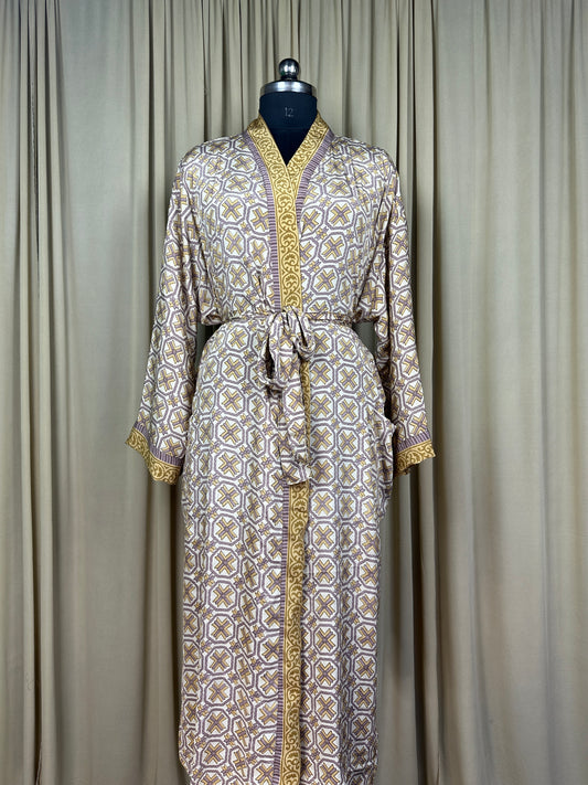 Recycle Silk Sari Women Kimono | Boho Chic Beach Cover Up Vintage Lounge Dressing Robe l Resort Wear Regal Gypsy House Robe, White Geometric