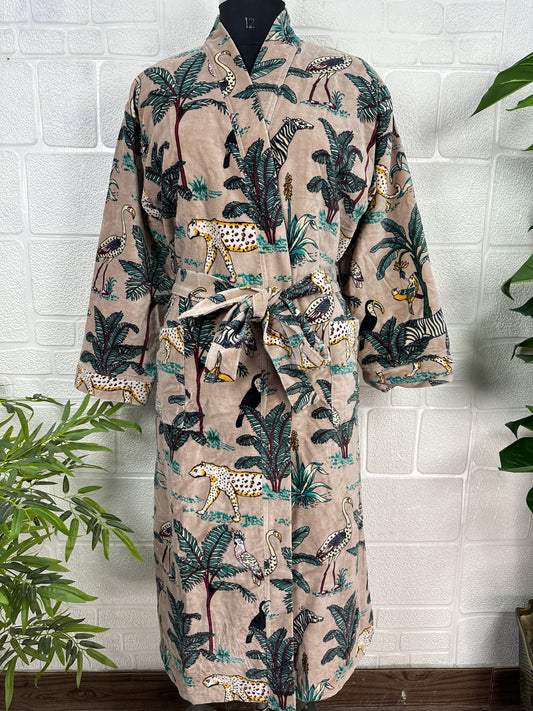 Velvet Kimono Robe: Reversible Silk Lined Animal Print Jacket