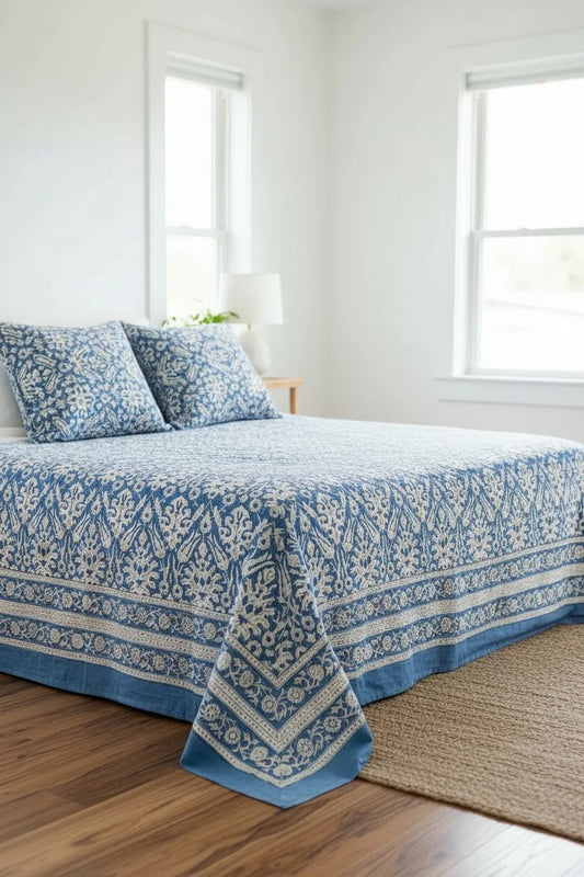 Pure Soft Cotton Bedsheet with Pillow Covers | Hand Block Printed Jaipuri Floral Bedspread Queen King Size Summer Bedding | Mughal Dream Art