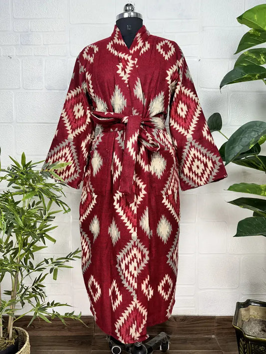 Kimono/Robe unisexe en mélange de laine de yak avec diamants géométriques | Luxueux imprimé floral urbain beige rouge sarcelle | Cadeau de Noël chaleureux et hygge pour elle et lui