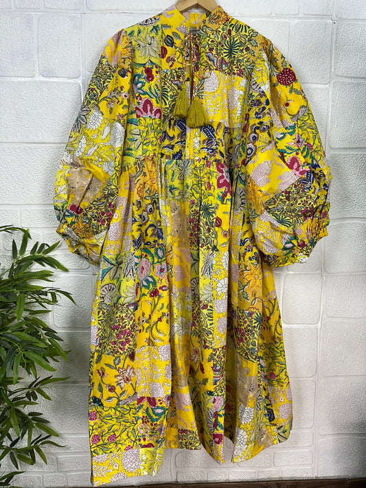 Boho Cotton Maxi Dress: Hand Block Printed Patchwork, 70s Style