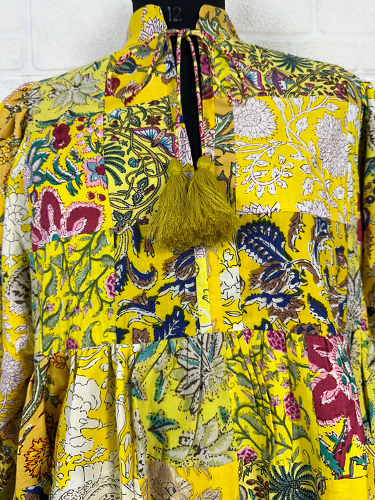 Boho Cotton Maxi Dress: Hand Block Printed Patchwork, 70s Style