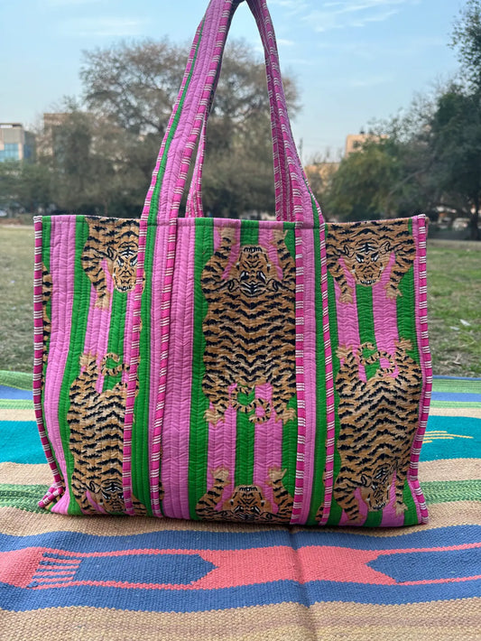 Quilted Cotton Extra Large Tote Bag, Reversible Weekender Shoulder Bag, Eco Friendly Sturdy Grocery Shopping Pink Green