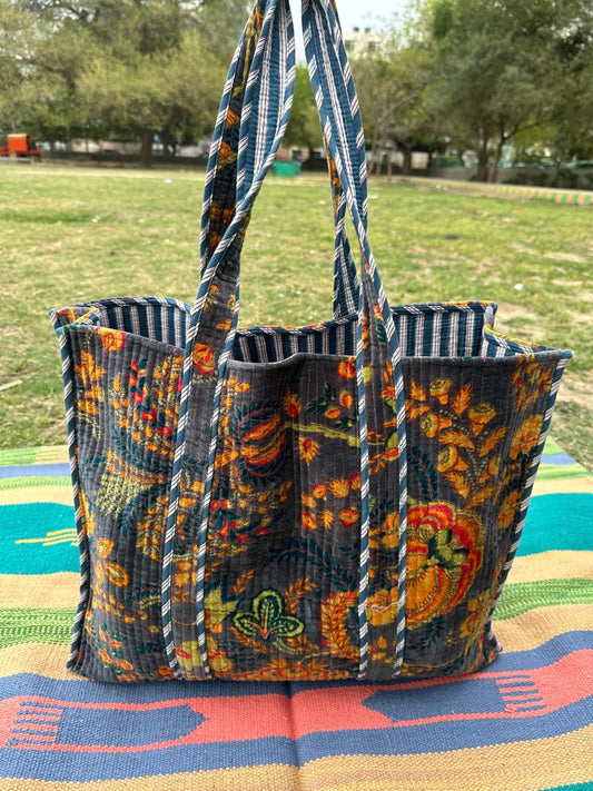 Boho Tote Bag Large Reversible Quilted Velvet Cotton | Beach Weekend Bag Eco friendly Sustainable Sturdy Grocery Shopping Ochre