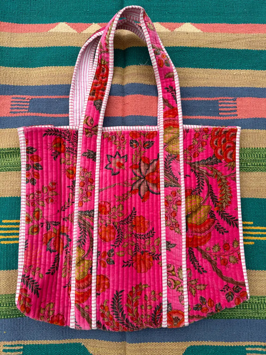 Boho Tote Bag Large Reversible Quilted Velvet Cotton | Beach Weekend Bag Eco friendly Sustainable Sturdy Grocery Shopping Ochre