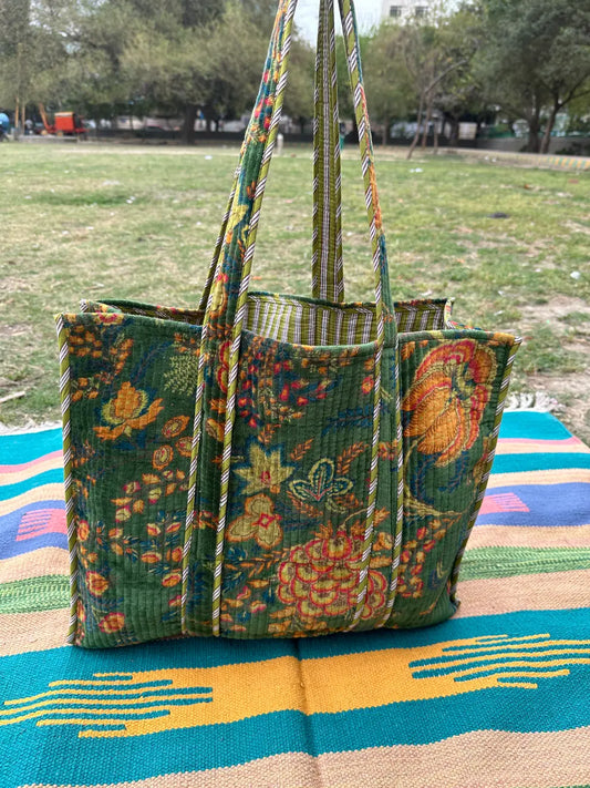 Boho Tote Bag Large Reversible Quilted Velvet Cotton | Beach Weekend Bag Eco friendly Sustainable Sturdy Grocery Shopping Ochre