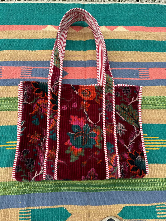 Boho Tote Bag Large Reversible Quilted Velvet Cotton | Beach Weekend Bag Eco friendly Sustainable Sturdy Grocery Shopping Ochre