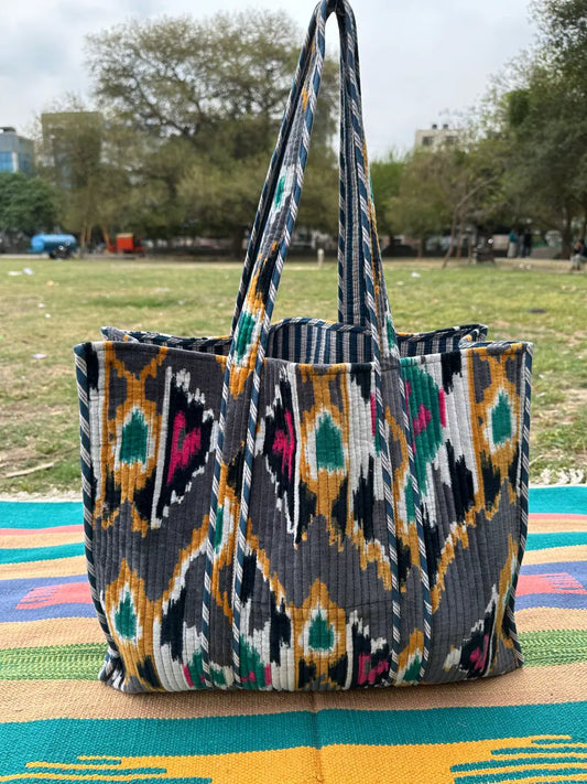 Boho Tote Bag Large Reversible Quilted Velvet Cotton | Beach Weekend Bag Eco friendly Sustainable Sturdy Grocery Shopping Ochre