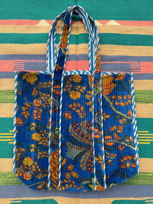 Boho Tote Bag Large Reversible Quilted Velvet Cotton | Beach Weekend Bag Eco friendly Sustainable Sturdy Grocery Shopping Ochre