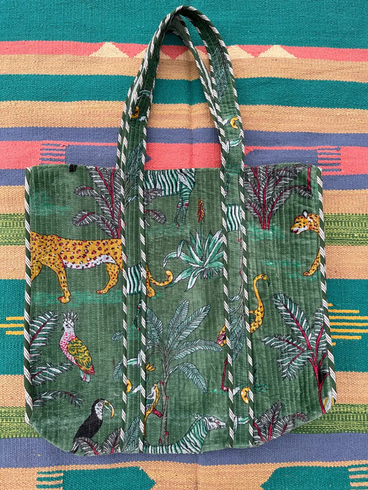 Boho Tote Bag Large Reversible Quilted Velvet Cotton | Beach Weekend Bag Eco friendly Sustainable Sturdy Grocery Shopping Ochre