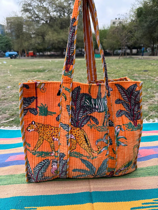 Boho Tote Bag Large Reversible Quilted Velvet Cotton | Beach Weekend Bag Eco friendly Sustainable Sturdy Grocery Shopping Ochre