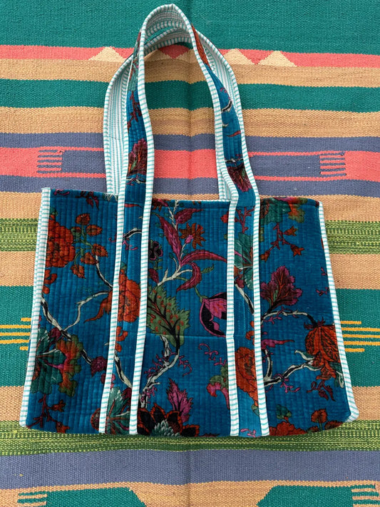 Boho Tote Bag Large Reversible Quilted Velvet Cotton | Beach Weekend Bag Eco friendly Sustainable Sturdy Grocery Shopping Ochre