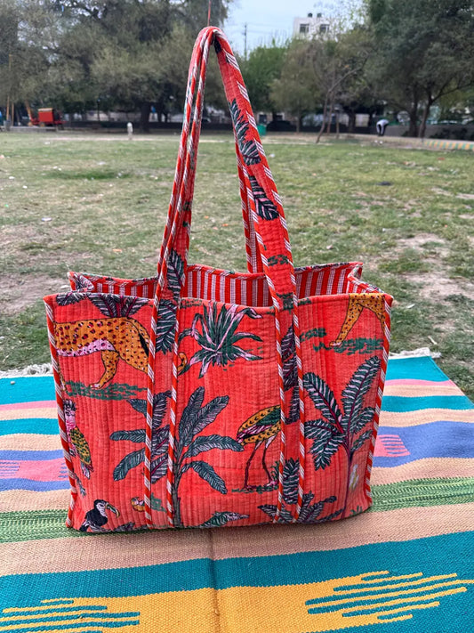 Boho Tote Bag Large Reversible Quilted Velvet Cotton | Beach Weekend Bag Eco friendly Sustainable Sturdy Grocery Shopping Ochre