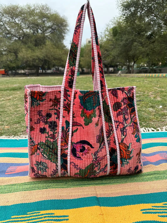 Boho Tote Bag Large Reversible Quilted Velvet Cotton | Beach Weekend Bag Eco friendly Sustainable Sturdy Grocery Shopping Ochre