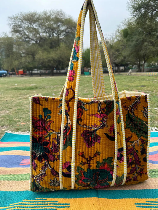 Boho Tote Bag Large Reversible Quilted Velvet Cotton | Beach Weekend Bag Eco friendly Sustainable Sturdy Grocery Shopping Ochre