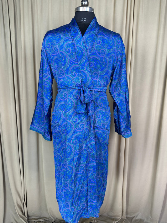 Silky Soft Men’s Kimono Robe, Masculine Elegant Classic Sustainable Vintage House Robe gift, Timeless Comfy Lounge Beach Wear | Blue Paisley