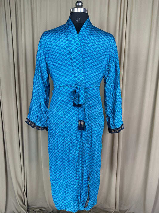 Silky Soft Men’s Kimono Robe | Masculine Elegant Classic Sustainable Vintage House Robe gift | Timeless Comfy Lounge Beach Wear, Blue Floral
