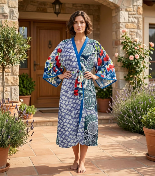 Upcycle Boho Silk Long Women kimono, Boho Chic Robe House Beach Cover Up Vintage Bridesmaid Lounge Dressing Gown Resort Wear Gypsy Nightwear
