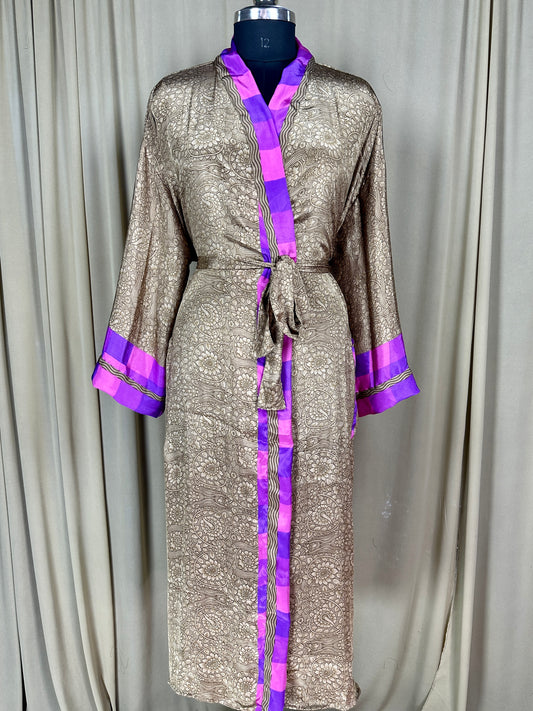 Recycle Silk Sari Women Kimono | Boho Chic Beach Cover Up Vintage Lounge Dressing Robe l Resort Wear Regal Gypsy House Robe | Brown Floral