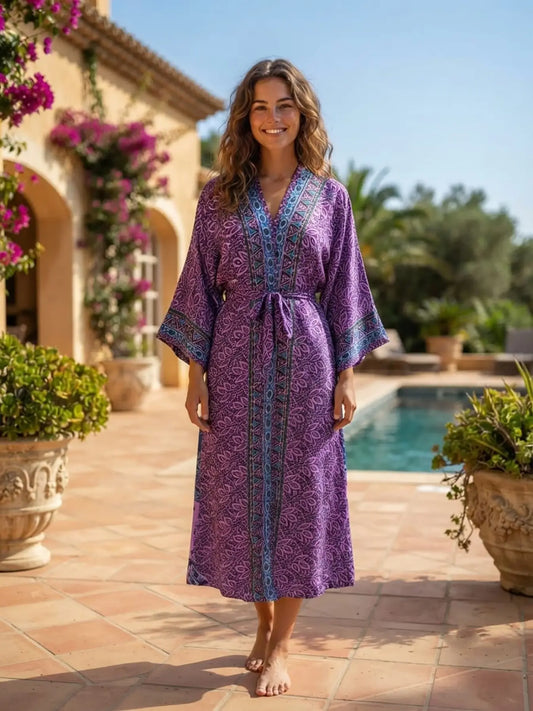 Upcycle Boho Silk Long Women kimono, Boho Chic Robe House Beach Cover Up Vintage Bridesmaid Lounge Dressing Gown Resort Wear Gypsy Nightwear