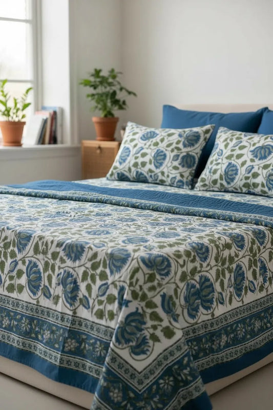 Pure Soft Cotton Bedsheet with Pillow Covers | Hand Block Printed Jaipuri Floral Bedspread Queen King Size Summer Garden Bedding, Mughal Art