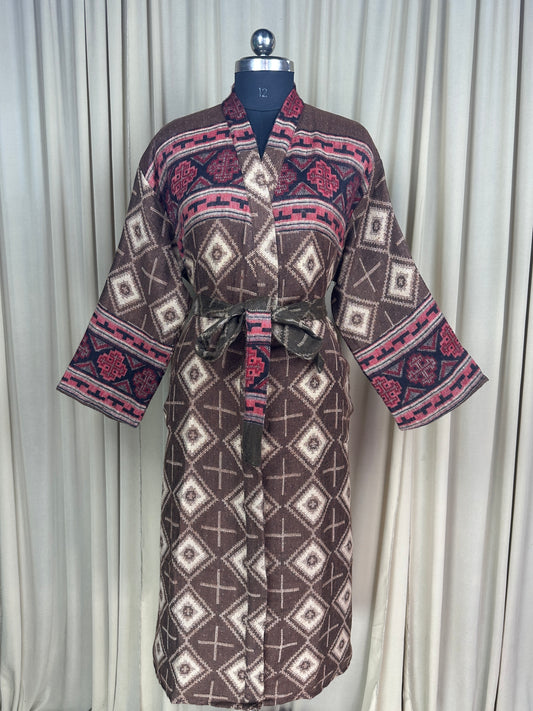 Yak Wool Blend Women Kimono Robe, Cozy Warm Winter Romance Loungewear, Brown Diamond Print Cardigan House Coat with Pockets, Quirky Christmas Gift