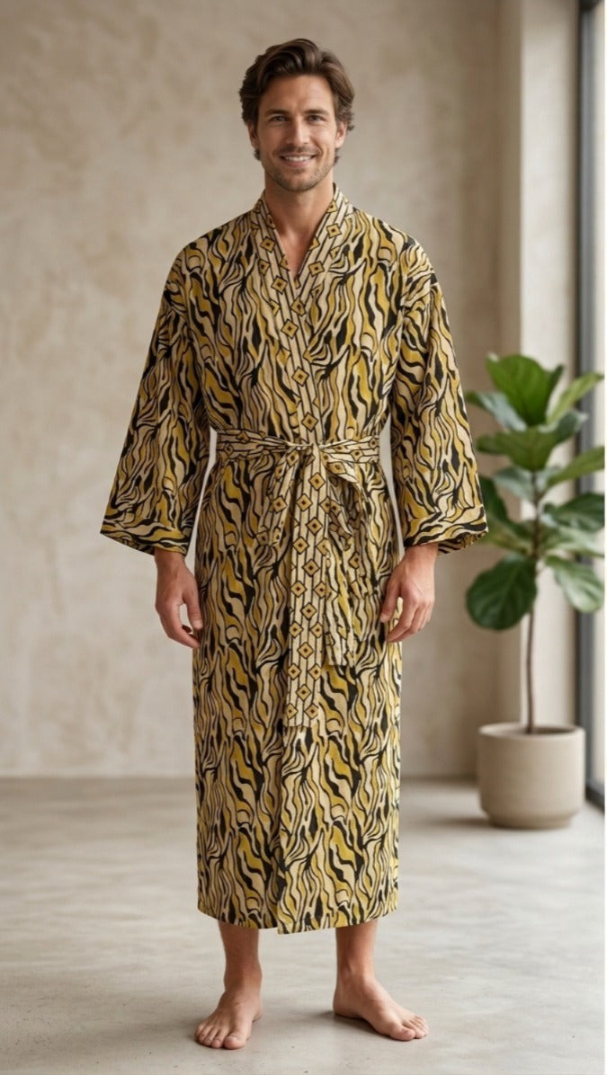 gold dressing gown mens Kimono Robe Cotton Handblock Dress, Indian Printed Man House Robe, Boho Beach Coverup Lightweight Loungewear Gift For Him Short Casual Dress