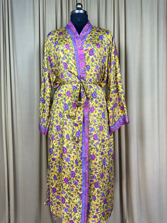 Recycle Silk Sari Women Kimono | Boho Chic Beach Cover Up Vintage Lounge Dressing Robe | Resort Wear Regal Gypsy House Robe, Beige Floral