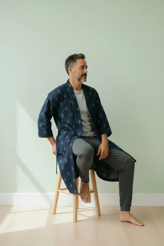 Pure Cotton Handblock Men Kimono | Indian Printed Man House Robe, Boho Beach Coverup Dressing Gown, Lightweight Loungewear, Gift For Him Dad